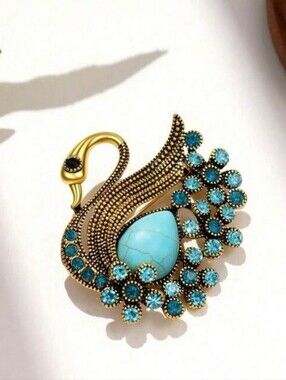 🌺Swan Brooch with Turquoise and Blue Crystal Accents Swan Accessories